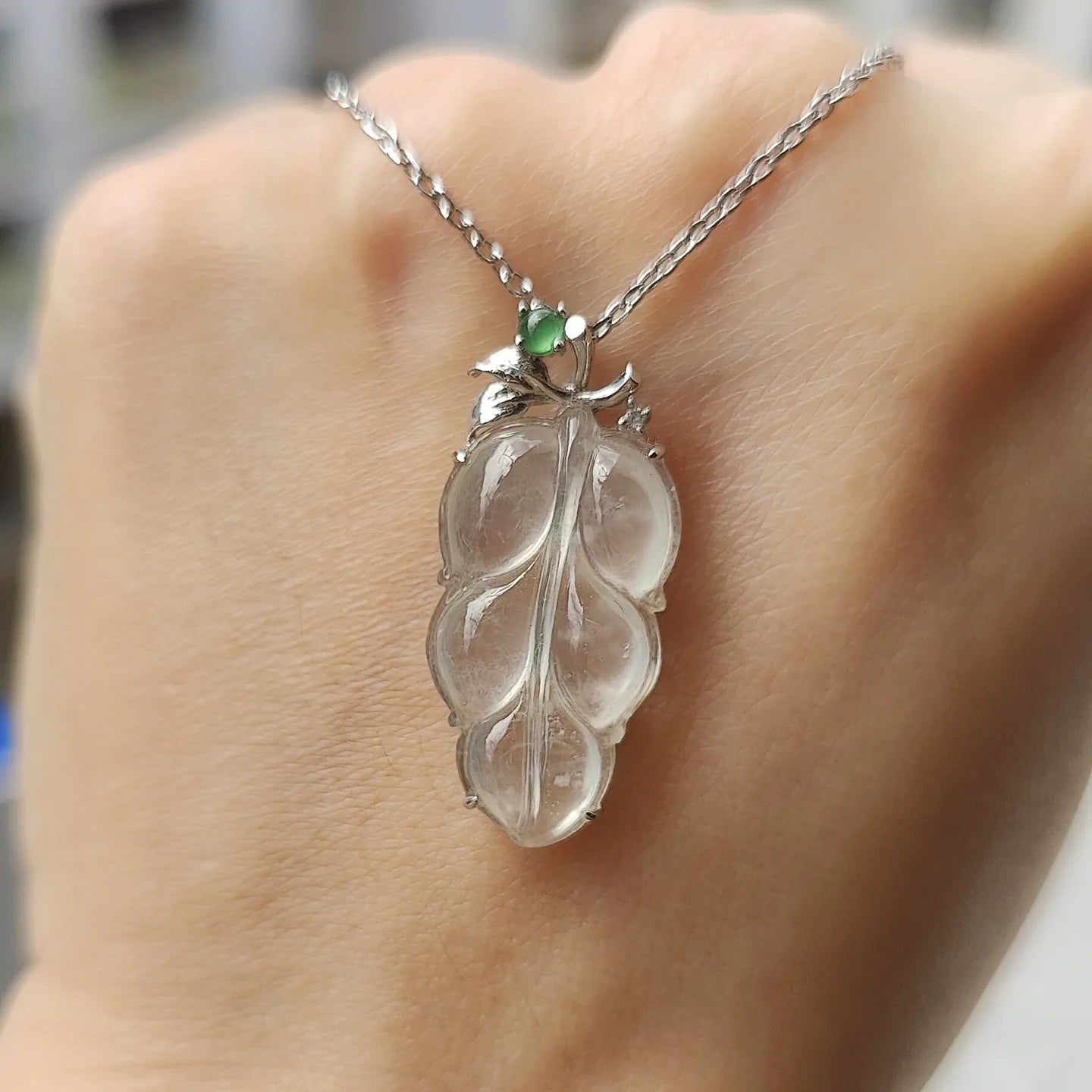 Type A Icy Jade Jadeite Leaf with 18k Gold Clasp Pendant