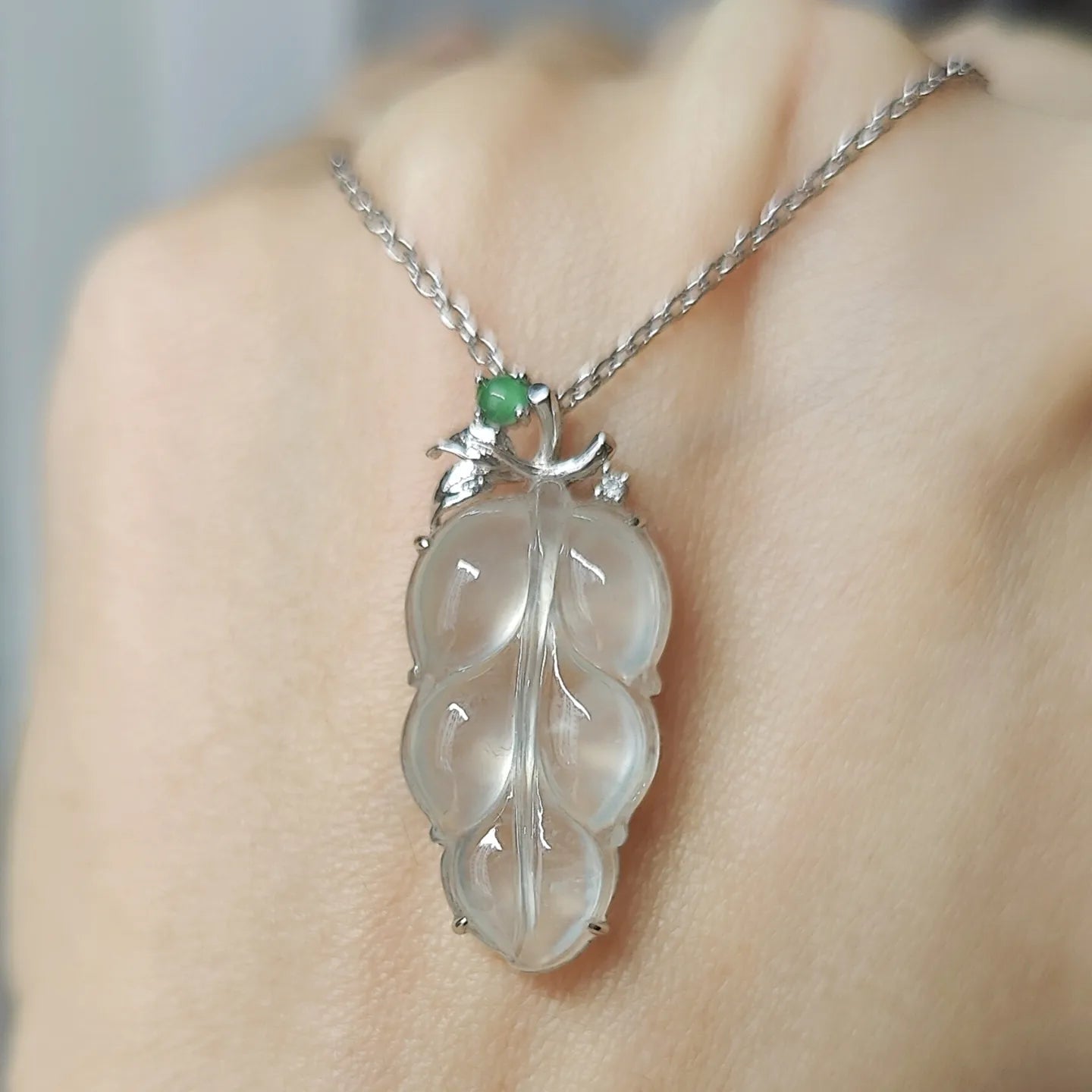 Type A Icy Jade Jadeite Leaf with 18k Gold Clasp Pendant