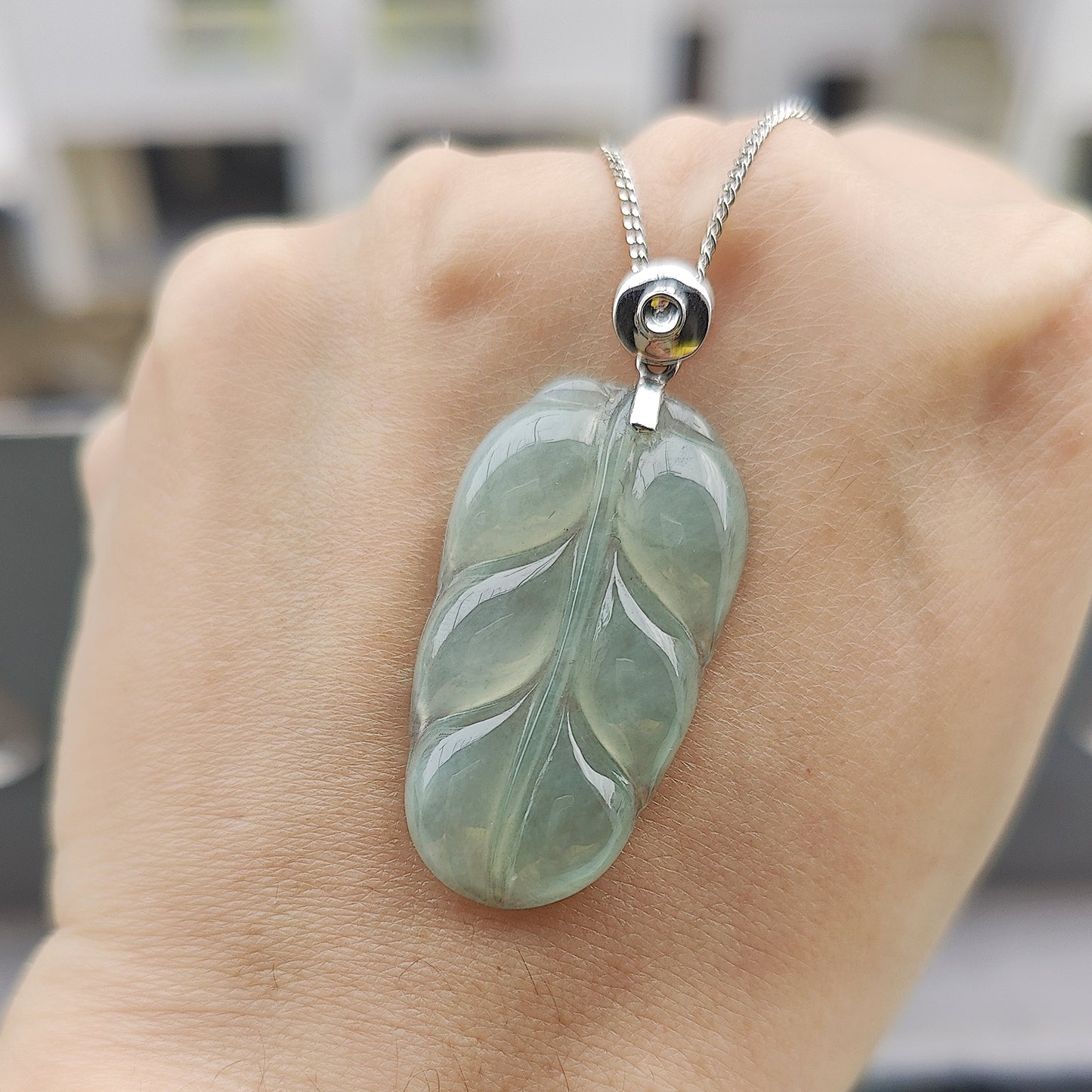 Type A Icy Jade Jadeite Leaf with 18k Gold Clasp Pendant