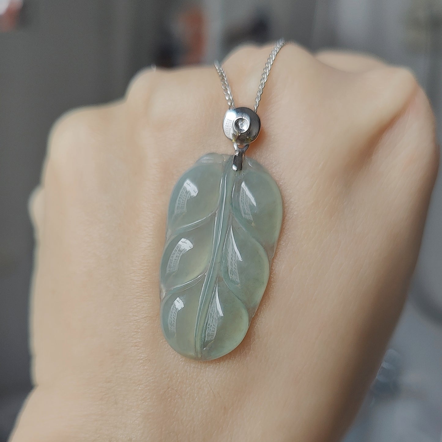 Type A Icy Jade Jadeite Leaf with 18k Gold Clasp Pendant