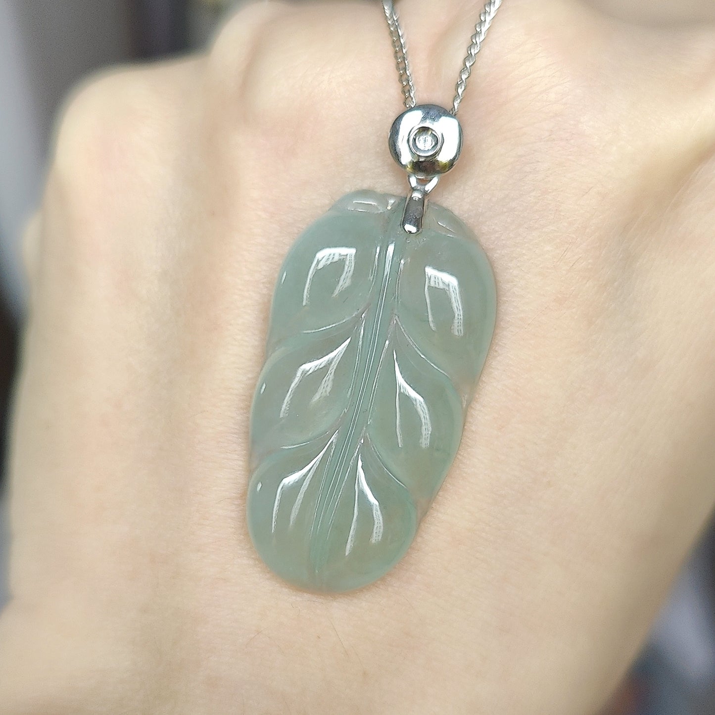 Type A Icy Jade Jadeite Leaf with 18k Gold Clasp Pendant