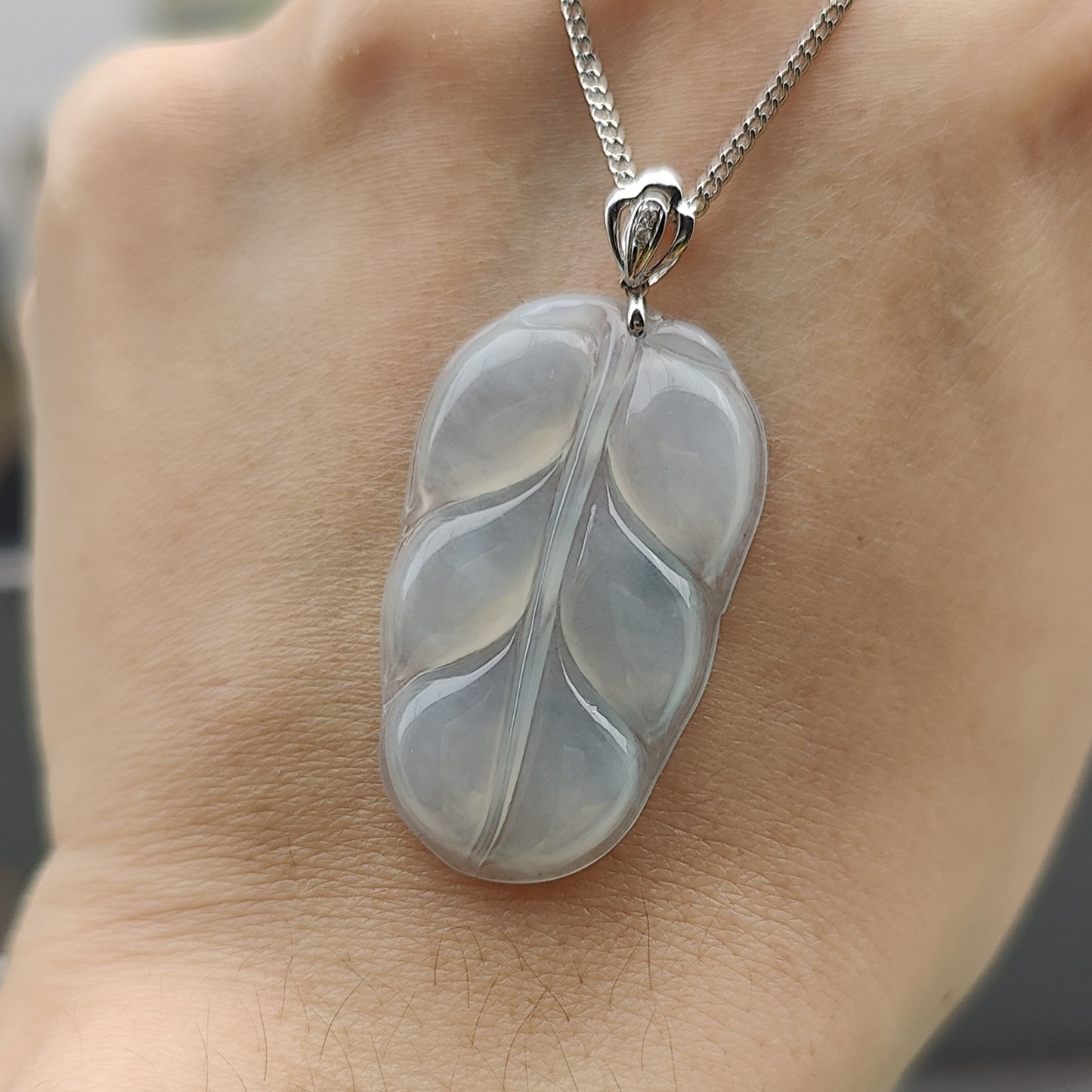 Type A Icy Jade Jadeite Leaf with 18k Gold Clasp Pendant