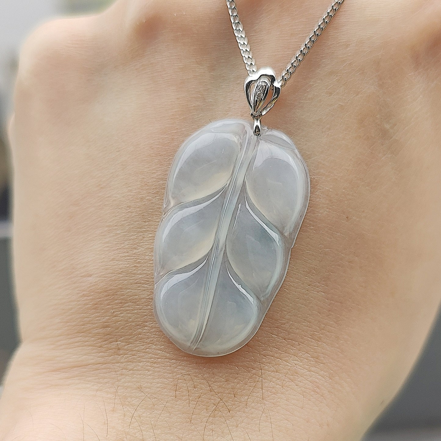 Type A Icy Jade Jadeite Leaf with 18k Gold Clasp Pendant