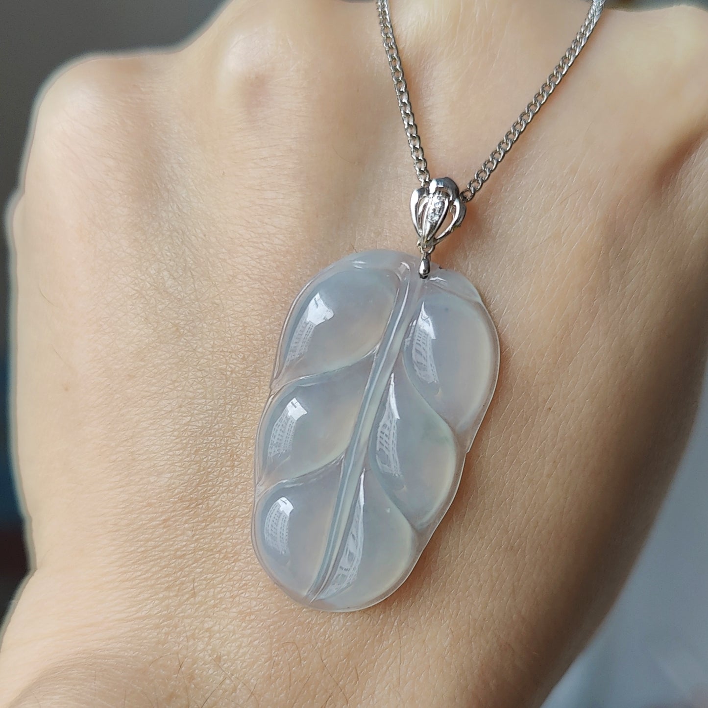 Type A Icy Jade Jadeite Leaf with 18k Gold Clasp Pendant