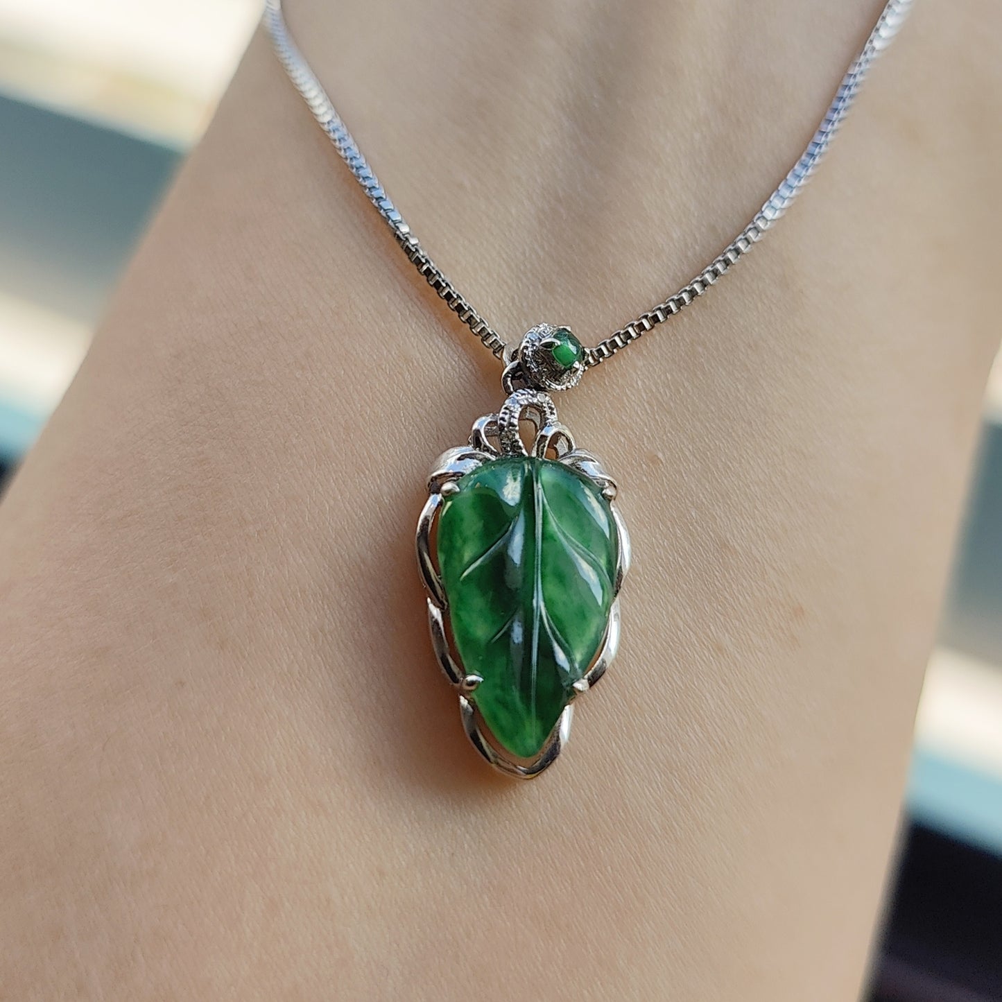 Type A Icy Jade Jadeite Leaf with 18k Gold and natural diamond Pendant