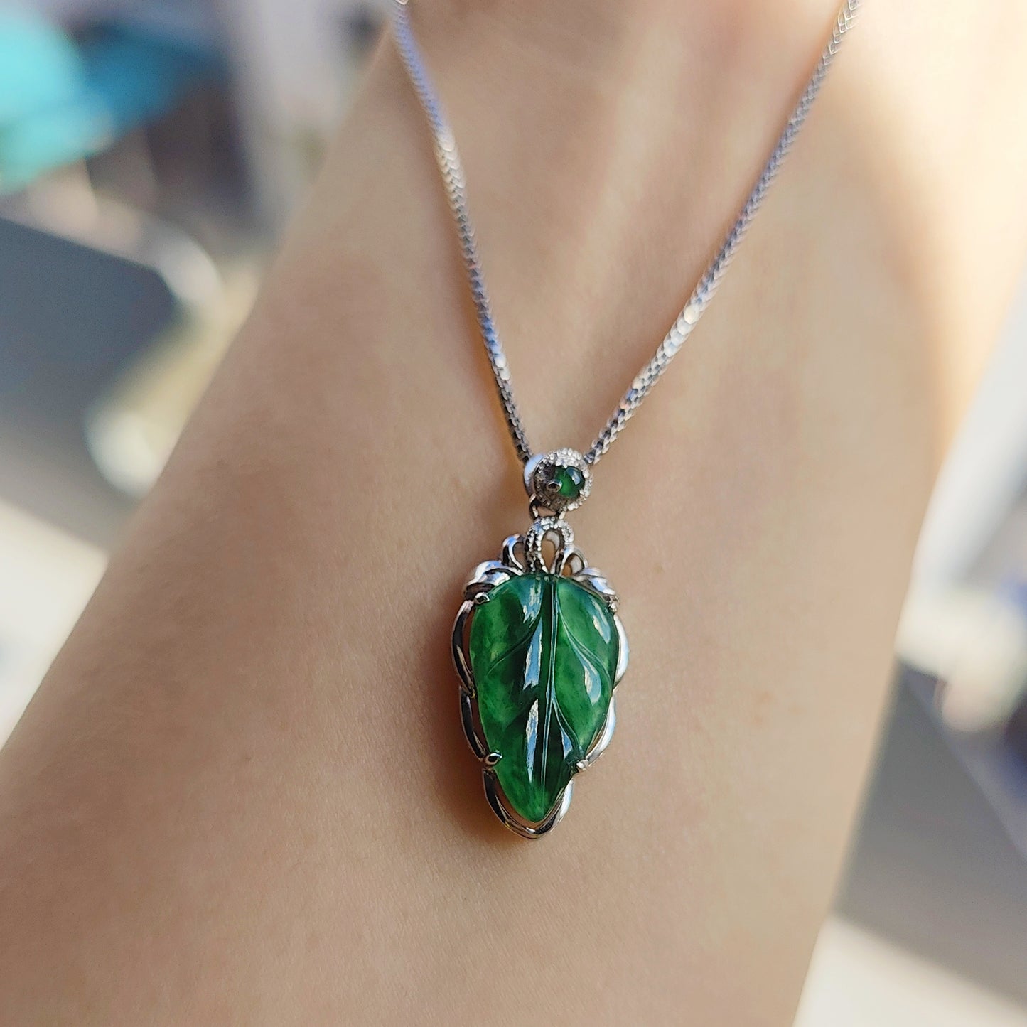 Type A Icy Jade Jadeite Leaf with 18k Gold and natural diamond Pendant